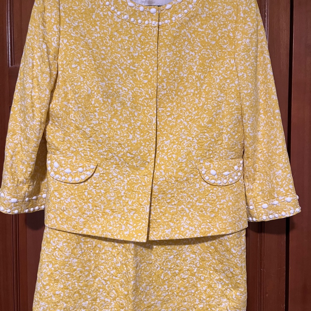 Tahari Yellow and White Beaded Skirt Suit Size 12